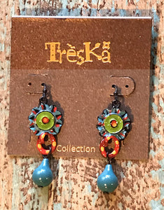 Blue Teardrop with Flower Earrings - Tahiti Series by Treska