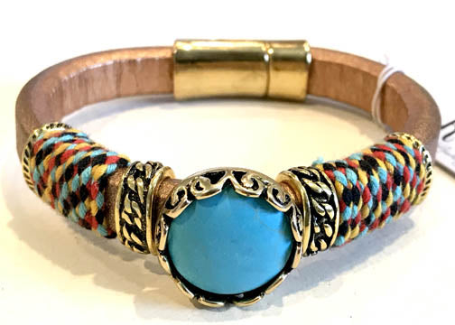 BOHO Magnetic Focal Bracelet - Turquoise Stone with Brown Band