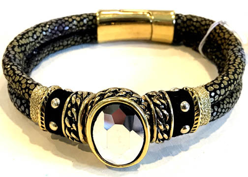 BOHO Magnetic Focal Bracelet -Dark Reflective Oval Stone with Gold & Black Band