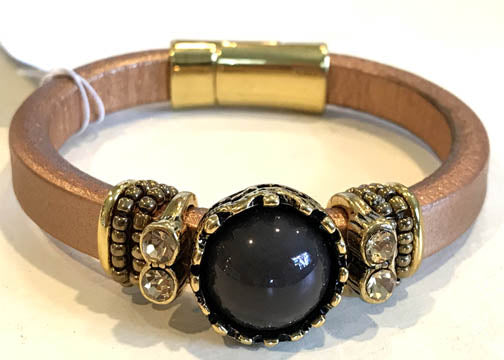 BOHO Magnetic Focal Bracelet - Charcoal Black Stone with Rose Gold Tone Leather Band