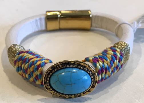 BOHO Magnetic Focal Bracelet - Turquoise Stone with Leather & Fabric Band